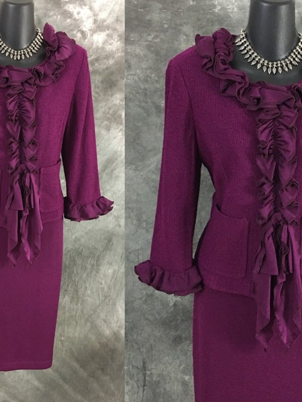 NWT NEW St John knit Currant purple ruffle jacket skirt suit size 8 10